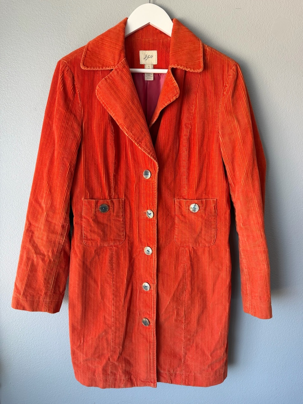 J Jill orange corduroy button down long jacket Women’s sz S Tall